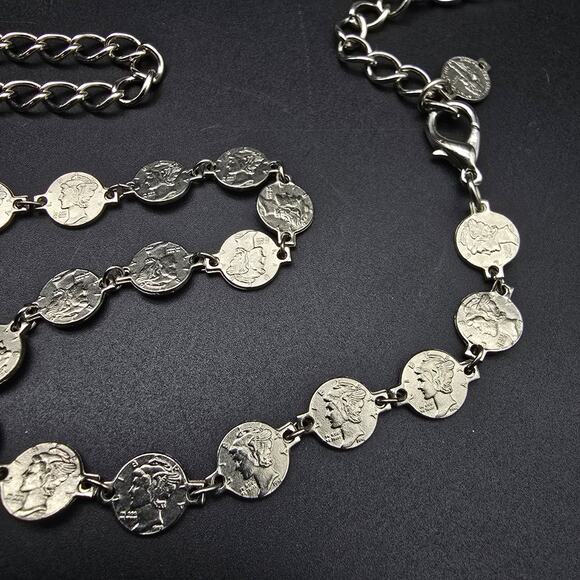 Faux Mercury Dime Belt Silver Tone Vintage Women's Accessories - Picture 4 of 6